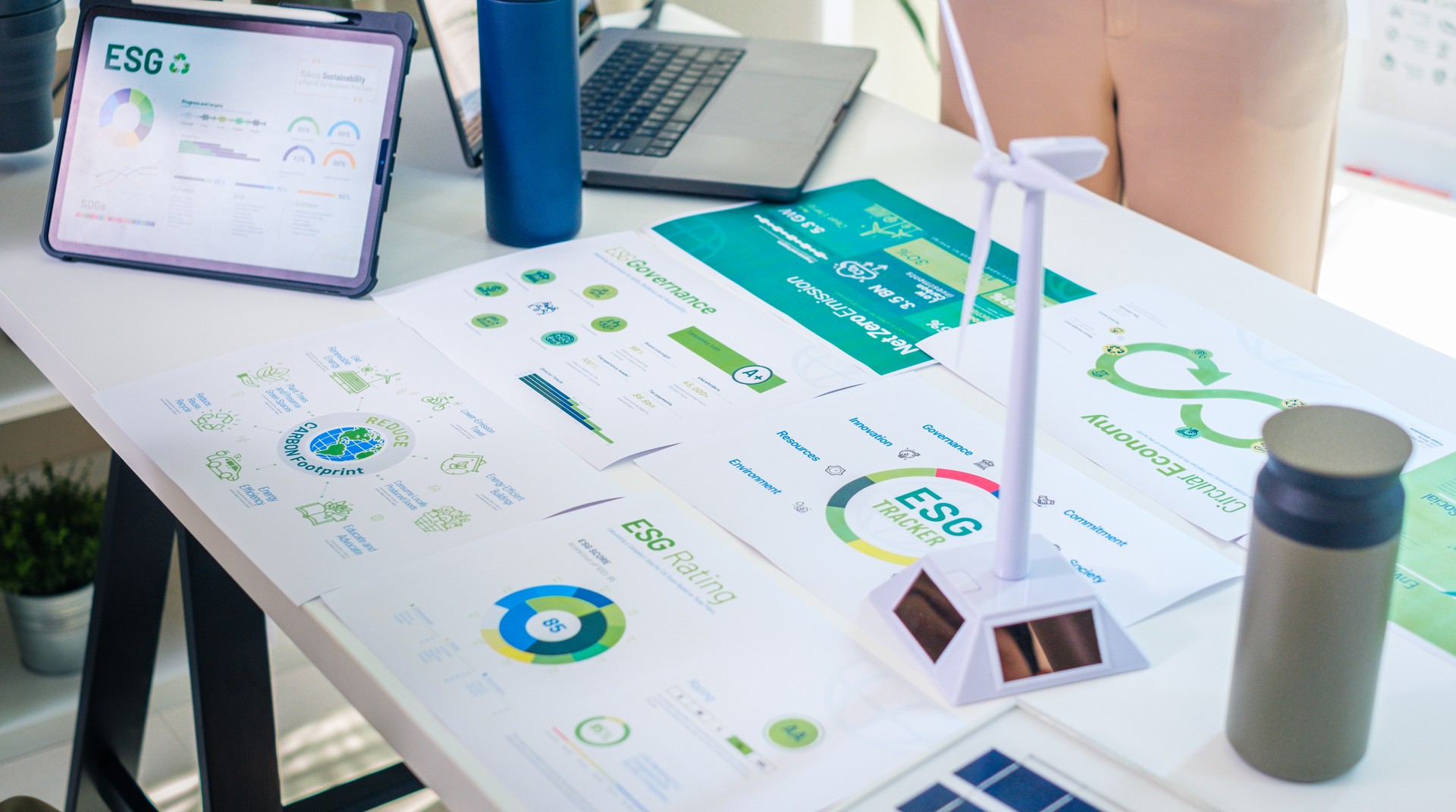 ESG ( environment, social,governance) diagram chart on meeting room table  in eco friendly office