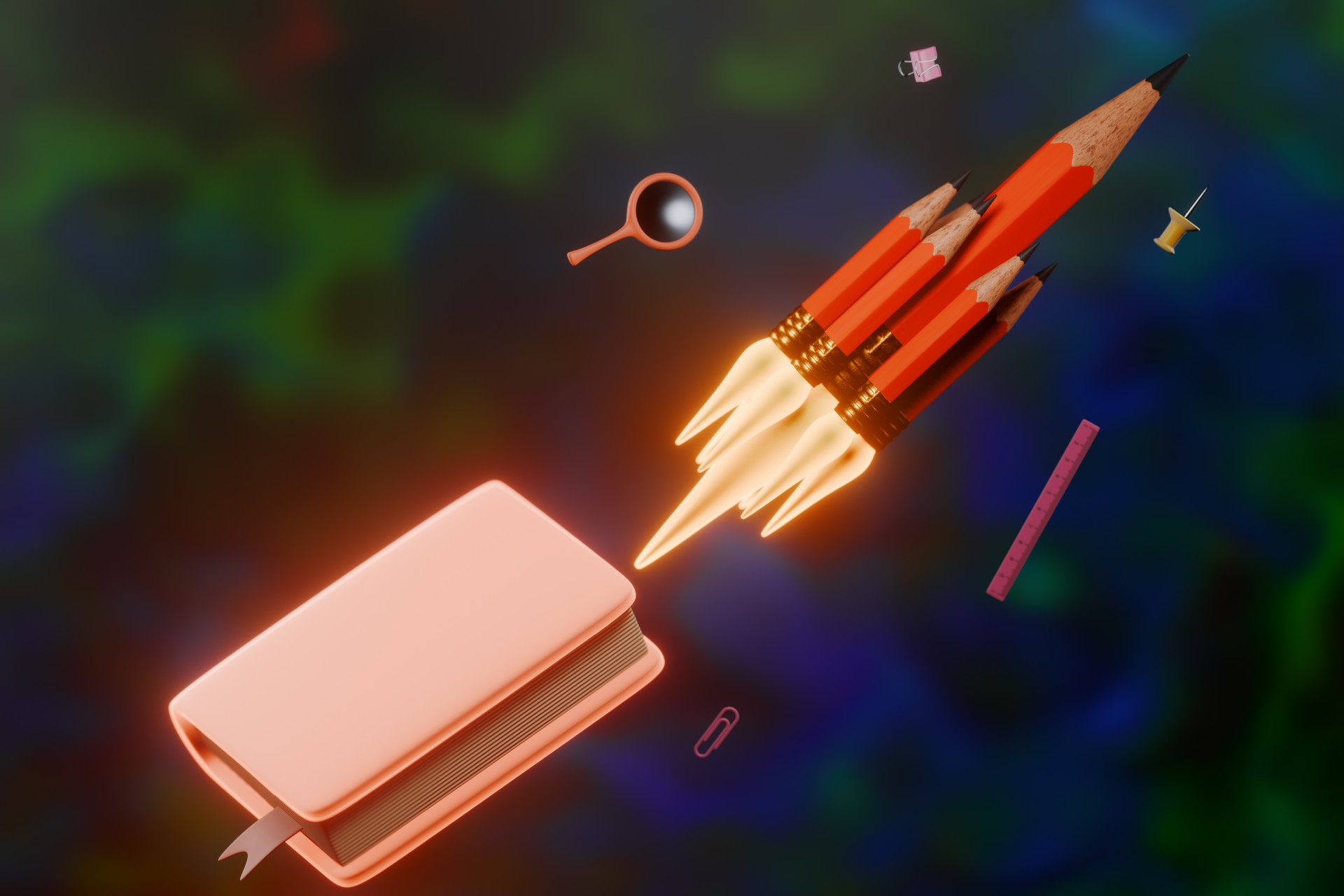 Back to school.A rocket made of pencils takes off beside a book on a colorful background. 3d rendering